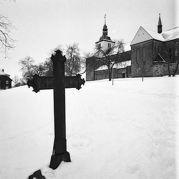 zimní, sníh, kostel, přejít, analogový, Černý a bílý, krajina, město, kodak, Tri x, rodinal