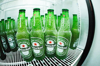Heineken, green bottle, refrigerator, frosted, beer bottles, refreshing, coolness, premium quality, lager beer, chilled, drinks
