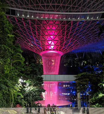 aeroporto gioiello changi, cascata illuminata, cascata interna, Singapore, vista notturna, vista incredibile, cascata artificiale, Attrazione dell'aeroporto, destinazione del viaggio, Marvel architettonico, giardino interno
