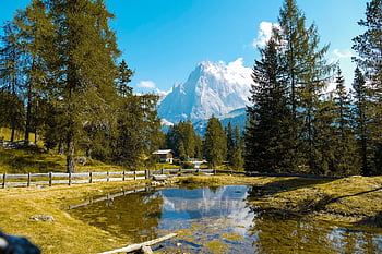 jezero, hory, Jižní Tyrolsko, dolomity, val gardena, plattkofel, krajina, Příroda, venkov, stromy, venkovský