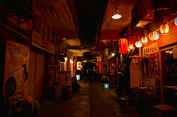 dark narrow street, decorative lanterns, Okinawa City, Japan, colorful lantern-lit street, night scene, illuminated street, shops, narrow alley, traditional lanterns, night market