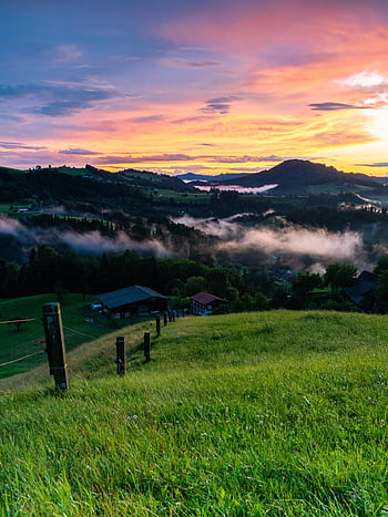 večerní atmosféru, krajina, dosvit, západ slunce, večerní obloze, dramatický, Příroda, mlha