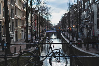 bicycle, parked, bridge, Amsterdam, canal, classic bike, city charm, urban scene, waterfront, European city, Netherlands