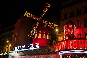 Moulin Rouge, Paris, night, illuminated, windmill, brightly lit, landmark, France, entertainment, nightlife, cabaret