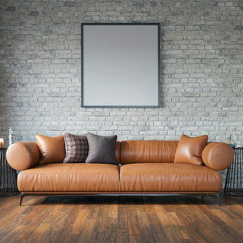 leather sofa, modern sofa, brick wall, elegant living room, wooden flooring, living room furniture, brown leather, contemporary design, home decor, interior design, couch