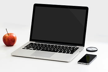 Macbook Pro, iPhone, Apple fruit, laptop, smartphone, red apple, technology, desk setup, minimalist setup, office desk, workspace