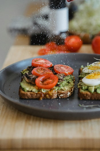 avocado toast, cherry tomatoes, boiled egg, breakfast, salt, healthy food, avocado spread, toast, tomatoes, egg, plate