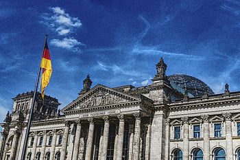 Reichstag, Berlin, German flag, vibrant blue sky, historic building, red and yellow flag, architecture, Germany, landmark, dome, sky