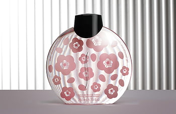 skleněné parfémy láhev, Elegantní parfémová láhev, design třešňového květu, pruhované pozadí, květinový parfémový flakon, Luxusní parfém, dekorativní lahvička na parfém, parfém z třešňového květu, moderní flakon na parfém, kosmetický výrobek, estetická lahvička na parfém