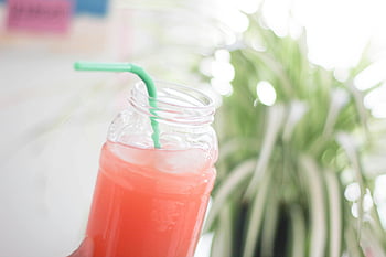 roz băutură, gheaţă, Borcan de sticlă, paie verde, vară răcoritoare, mason jar, suc, băutură rece, băutură răcoritoare, Suc roz