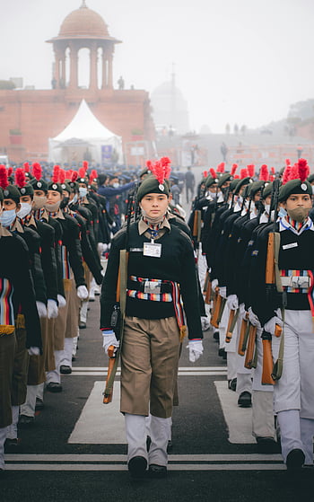 Indian military cadets, Republic Day parade, New Delhi, marching in uniform, military personnel, street parade, military uniforms, parade formation, ceremonial march, Indian military, Republic Day celebration