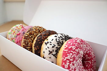 donut, pastry, sweet, sugar, box, packaging, colorful, tasty, icing, chocolate, food