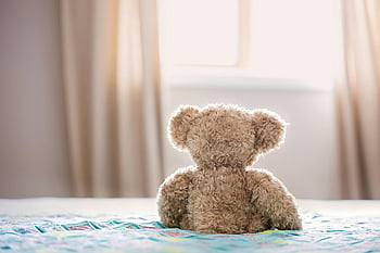 giocattolo di peluche con orso marrone, orsacchiotto di peluche, letto colorato, Camera da letto accogliente, vista della finestra, animale impagliato, peluche, arredamento della camera da letto, Home decor, orsacchiotto sul letto