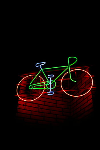 Neonfahrrad, Glühendes Zeichen, dunkler Hintergrund, Nachtleben Themen, Neonlichter, Fahrrad Zeichen, helles Neon, Neon-Kunst, städtisches Dekor, Nachtszene, Neondesign