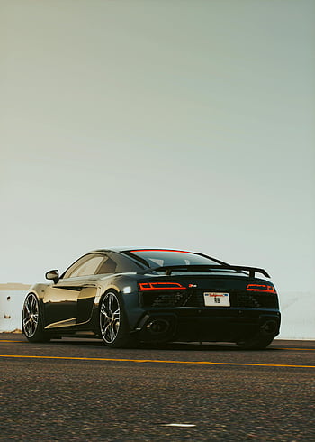 audi r8, utsikt bakover, svart sportsbil, Seaside Road, moderne design, elegant bil, parkert bil, bildesign, havutsikt, luksusbil, ytelsesbil
