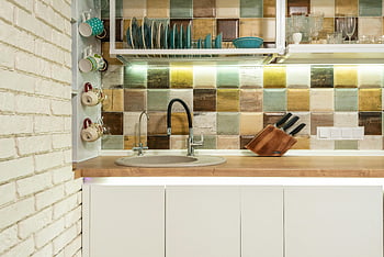kitchen counter, sink, utensils, colorful tile backsplash, wooden counter, modern kitchen, chic kitchen, kitchen design, kitchen decor, kitchen sink, kitchen utensils