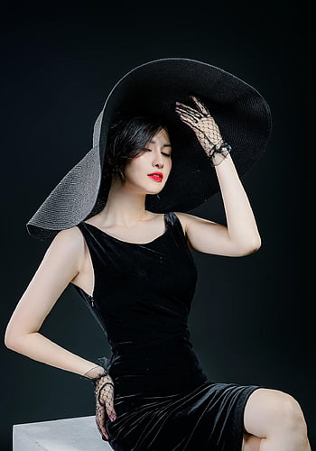 woman, model, portrait, black Dress, black Hat, pose, style, fashion, posing, young Woman, girl