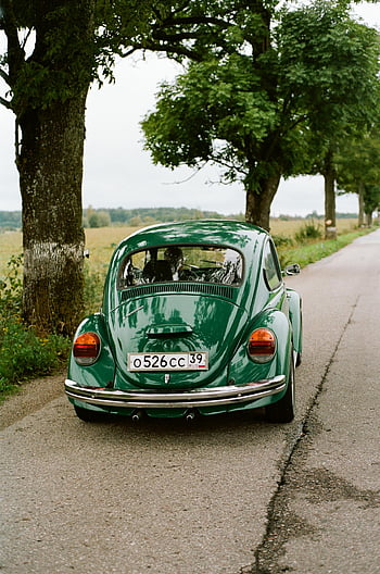 green Beetle car, countryside road, classic car, green car, serene road, trees, vintage car, rural road, travel, road trip, Volkswagen Beetle
