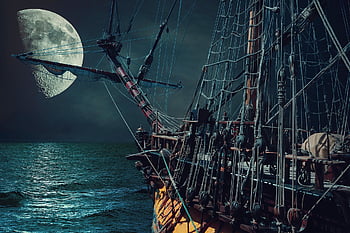 Mond, Nachthimmel, Meer, Schiff, Galeone, Barke, Tauwerk, Takelwerk, Segeln, Mondlicht, Natur