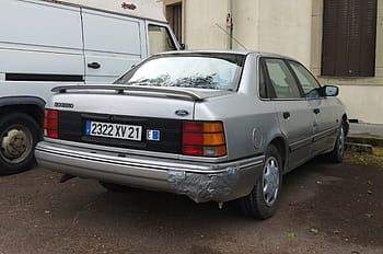 vado, Escorpión, 1990, coche, plata, vista trasera, Chalon sur Saone, placa, parachoques dañado, camioneta, edificio