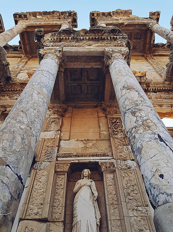 starověké zříceniny, efes, celsus knihovna, Ephesus, krocan, sochy, sloupců, nízký úhel pohledu, historické architektury, starověké civilizace, mramorové sloupy