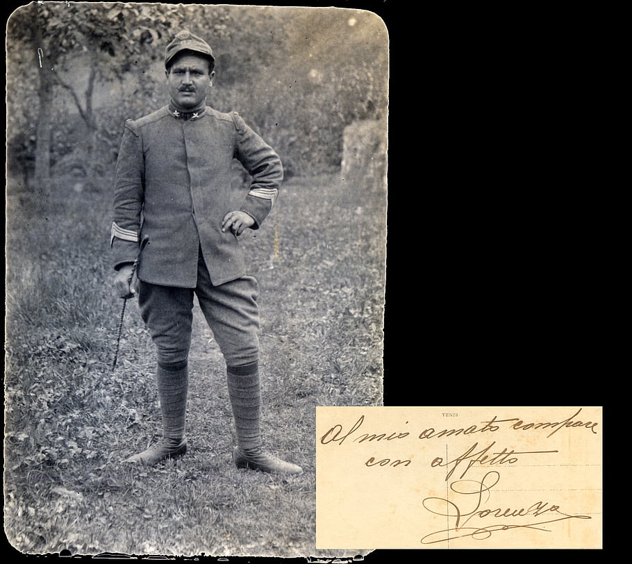 vintage photo, man, uniform, hat, outdoor, grass, handwritten note, historical, military, old, portrait