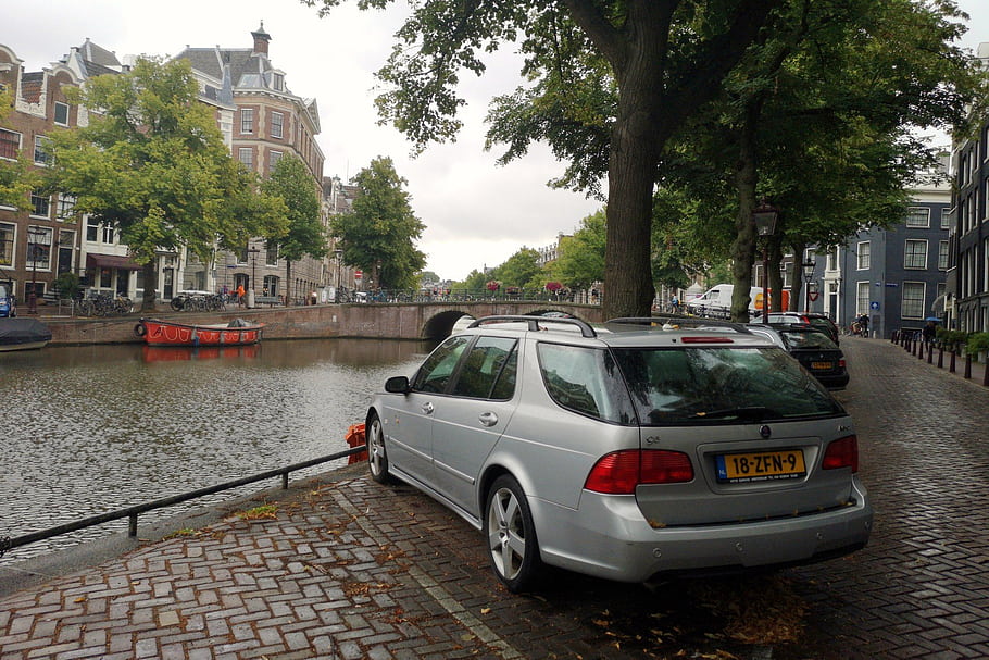 Saab, 9.5, 2005, Amsterdam, car, canal, street, parked, license plate, trees, buildings