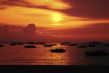 sunset, evening, sea, beach, boats, thailand, asia, romance, love, vacations, travel