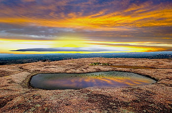 sunset, mountain, pond, enchanted Rock, reflection, water, plateau, landscape, nature, scenery, scenic