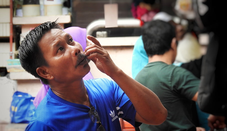 Kuala Lumpur, Malaysia, man, blue shirt, sunglasses, mustache, selection, market, people, indoor, shopping