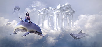 fantasy, dolphin, flying, building, girl, horse Riding, clouds, heaven, dream, fantastic, light