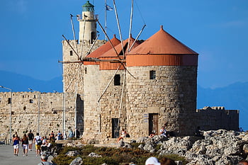 Mandrakin satama, tuulimyllyt, Rodos, Kreikka, Mandraki, maamerkki, rakennus, historiallinen, vanha, arkkitehtuuri, kulttuuri