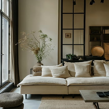 beige sofa, living room, modern decor, houseplants, cozy, cushions, stylish, interior design, beige furniture, contemporary living, home decor