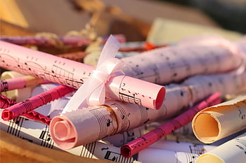 Noty, Hudební papír, hudební pozadí, hudební role, stuha vázaná, pastelové barvy, romantická výzdoba, hudební téma, kreativní pozadí, klasická hudba, Složení hudby