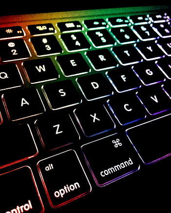 Macbook, colored keyboard, backlit keyboard, glowing keys, close-up, rainbow keyboard, colorful keys, laptop keyboard, command key, option key, alt key