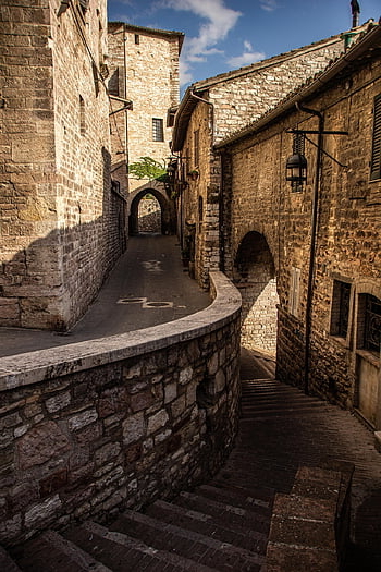 alej, schody, budov, město, turista, kámen, historický, Itálie, assisi