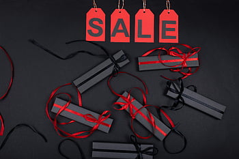 black gifts, black surface, elegant gift boxes, red ribbons, sale promotion, black gift boxes, red tags, black background, gift wrapping, holiday gifts, sale event