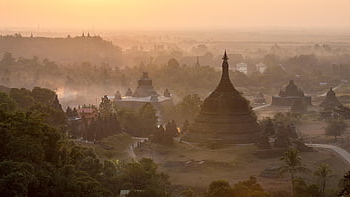 chrám, budov, stromy, město, Pohled, Myanmar, pagoda, Příroda, barma, západ slunce