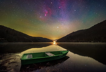 barca, bella carta da parati, lago, nebulosa di orione, Orion, Sfondo 4K 1920x1080, astroscape, carta da parati di windows, carta da parati mac, via Lattea, cielo stellato