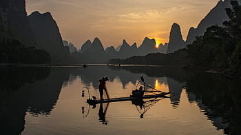 sunrise, landscape, nature, reflection, mountains, li River, fishermen, guilin, yangshuo, china, yellow
