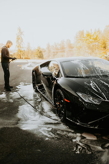 mand vasker bil, sort lamborghini, sportsvogn, Sæbe Suds, udendørs, bilvask, slank bil, Mand rengøringsbil, luksus bil, bil detaljering, udendørs bilvask