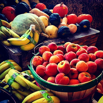 červená jablka, hnědé dřevěné vědro, čerstvé ovoce, trhu, banány, squash, Barevný sortiment, zelenina, jablka, čerstvé produkty
