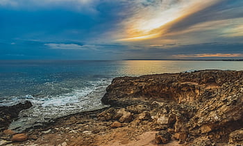 rocky Coast, sea, horizon, nature, landscape, rock, scenery, cliff, sunset, clouds, ayia Napa