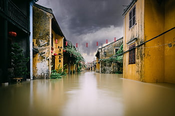 zaplavit, vesnice, ulice, budov, domy, městský, povodně, ponurý, hội an, Vietnam