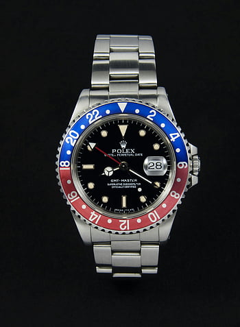 Silver-Colored Rolex, analogové hodinky, špičková nerezová ocel, Duální tónový rámeček, zobrazení data, tmavé pozadí, Rolex GMT-MASTER, luxusní hodinky, švýcarské hodinky, hodinky, náramkové hodinky