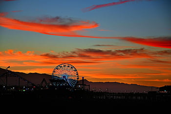losangeles, Santa Monica, horská dráha, usa, Kalifornie, pláž, západ slunce, santamonicapier, Příroda, molo, zábavní park