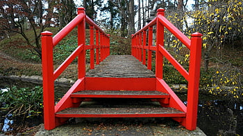 Červený dřevěný most, klidný proud, Klidný podzimní park, Vibrující červený most, dřevěný most, podzimní park, potoka, červený most, parková scenérie, podzimní krajina, klidný park