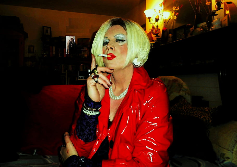 smoking, cigarette, woman, blonde, crossdresser, red jacket, smoking bad girl, smoking cigarettes, smoking woman, smoking blonde, smoking crossdresser