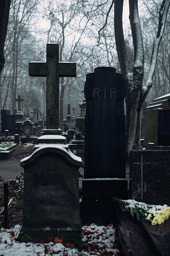 gravestone, concrete cross, winter cemetery, snow-dusted gravestones, bare trees, serene cemetery, RIP, tombstone, cemetery scene, winter scene, snow-covered tombstones