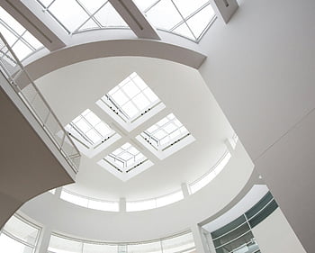 white painted ceiling, glass roof, geometric skylights, modern ceiling, bright white building, interior design, day time, elegant architecture, contemporary design, natural light, indoor space